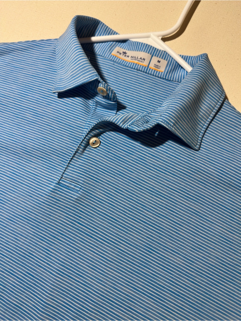 Peter Millar Men’s Featherweight Sky Blue & White Micro-Striped Polo